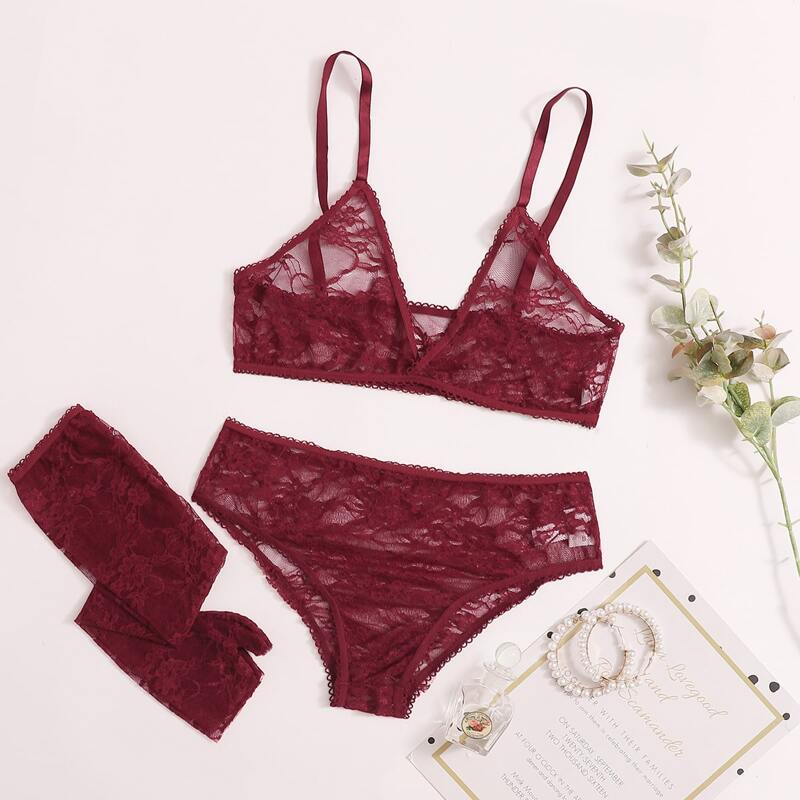

Floral Lace Lingerie Set, Burgundy