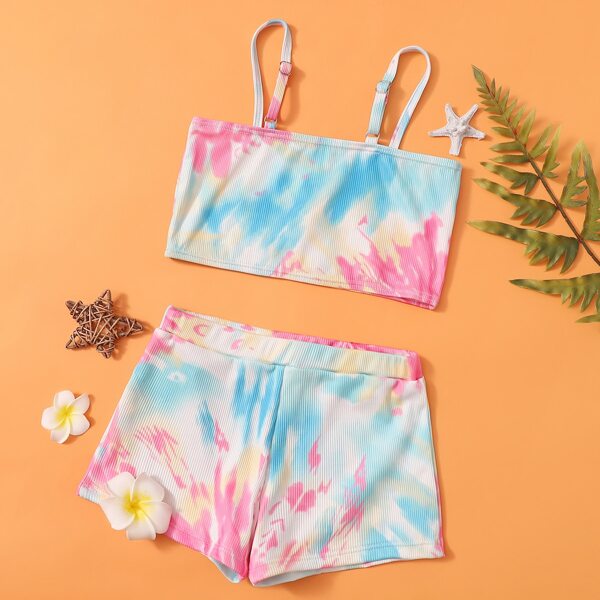 

Girls Tie Dye Rib Shorts Bikini Swimsuit, Multicolor