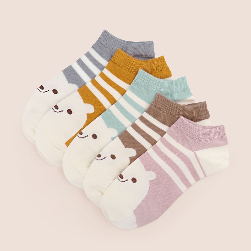 

5pairs Cartoon Bear Pattern Striped Socks, Multicolor