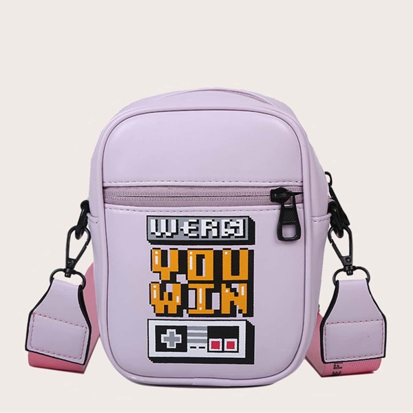 

Slogan Graphic Zip Up Crossbody Bag, Purple