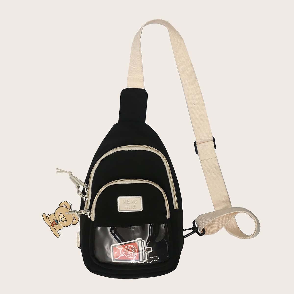 

Pocket Front Sling Bag With Bag Charm, Black