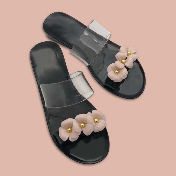 

Open Toe Floral Appliques Sliders, Black