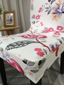 1pc Flower Print Stretchy Chair Slipcover, Polyester Dining Room Chair Slipcover For Home - White - View 2