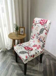 1pc Flower Print Stretchy Chair Slipcover, Polyester Dining Room Chair Slipcover For Home - White - View 3