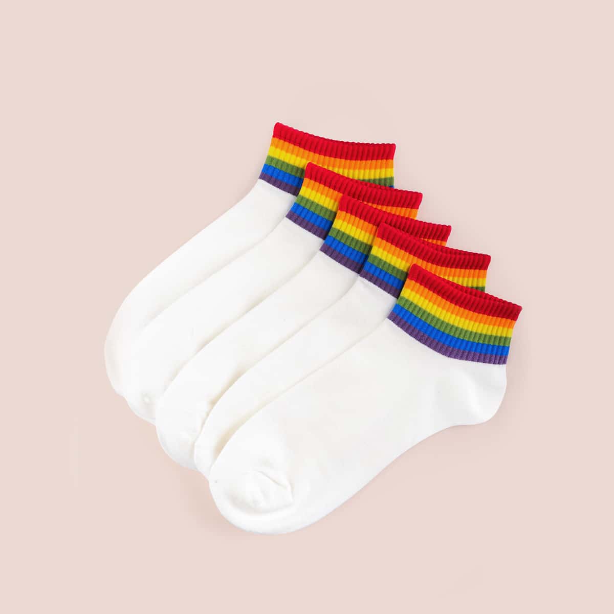 

5pairs Rainbow Striped Socks, White