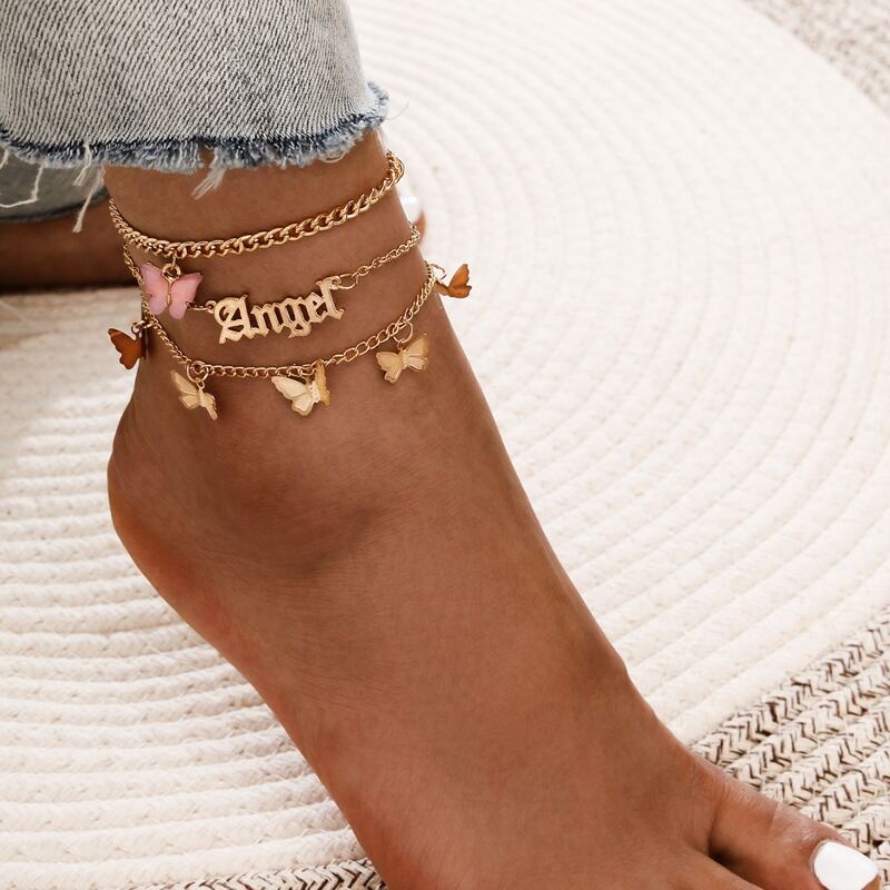 

Butterfly & Letter Charm Foot Chain, Gold