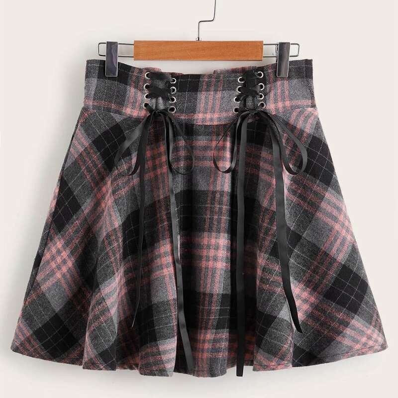 

Plaid Lace Up Skater Skirt, Multicolor