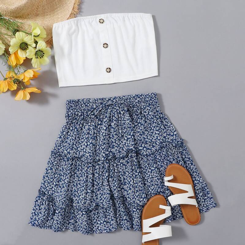 

White Bandeau & Ditsy Floral Tiered Skirt, Blue and white