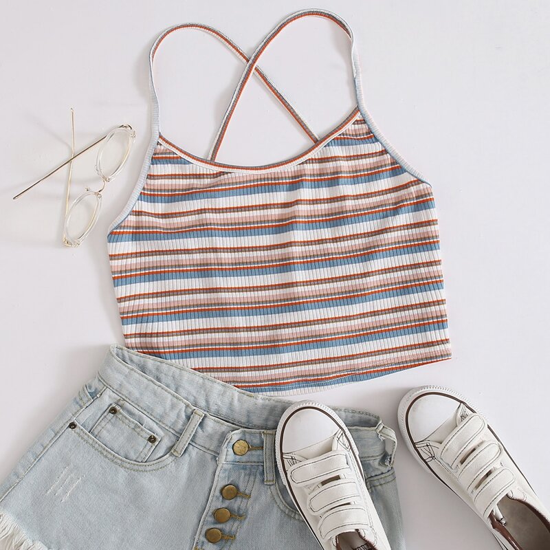 

Lace Up Striped Crop Cami, Multicolor