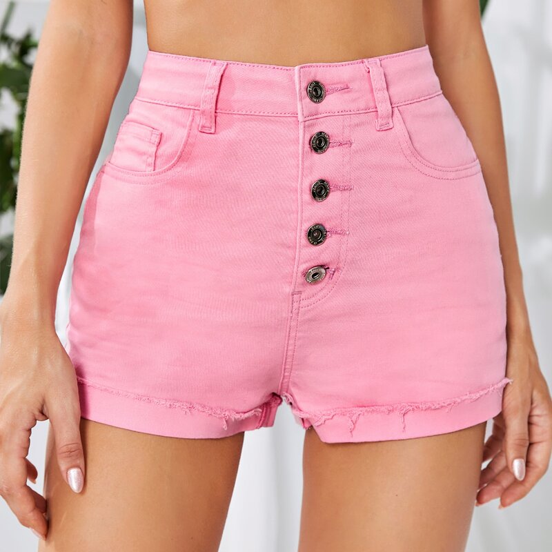 

Solid Button Front Denim Shorts, Pink