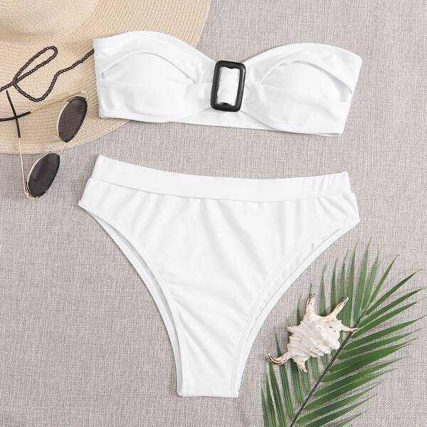 

Buckle Bandeau Bikini Swimsuit, White