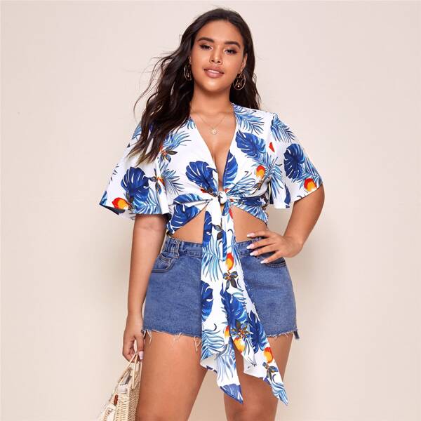 

Plus Tie Front Flutter Sleeve Tropical Top, Multicolor