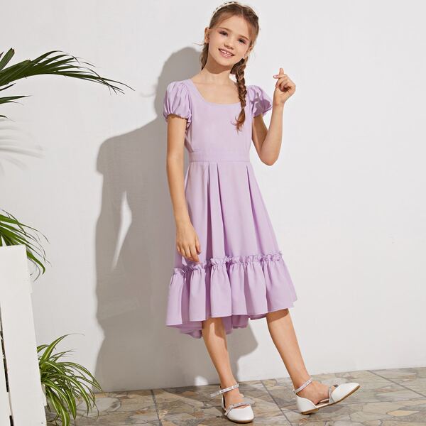 

Girls Scoop Neck Frill Ruffle Hem Dress, Lilac purple