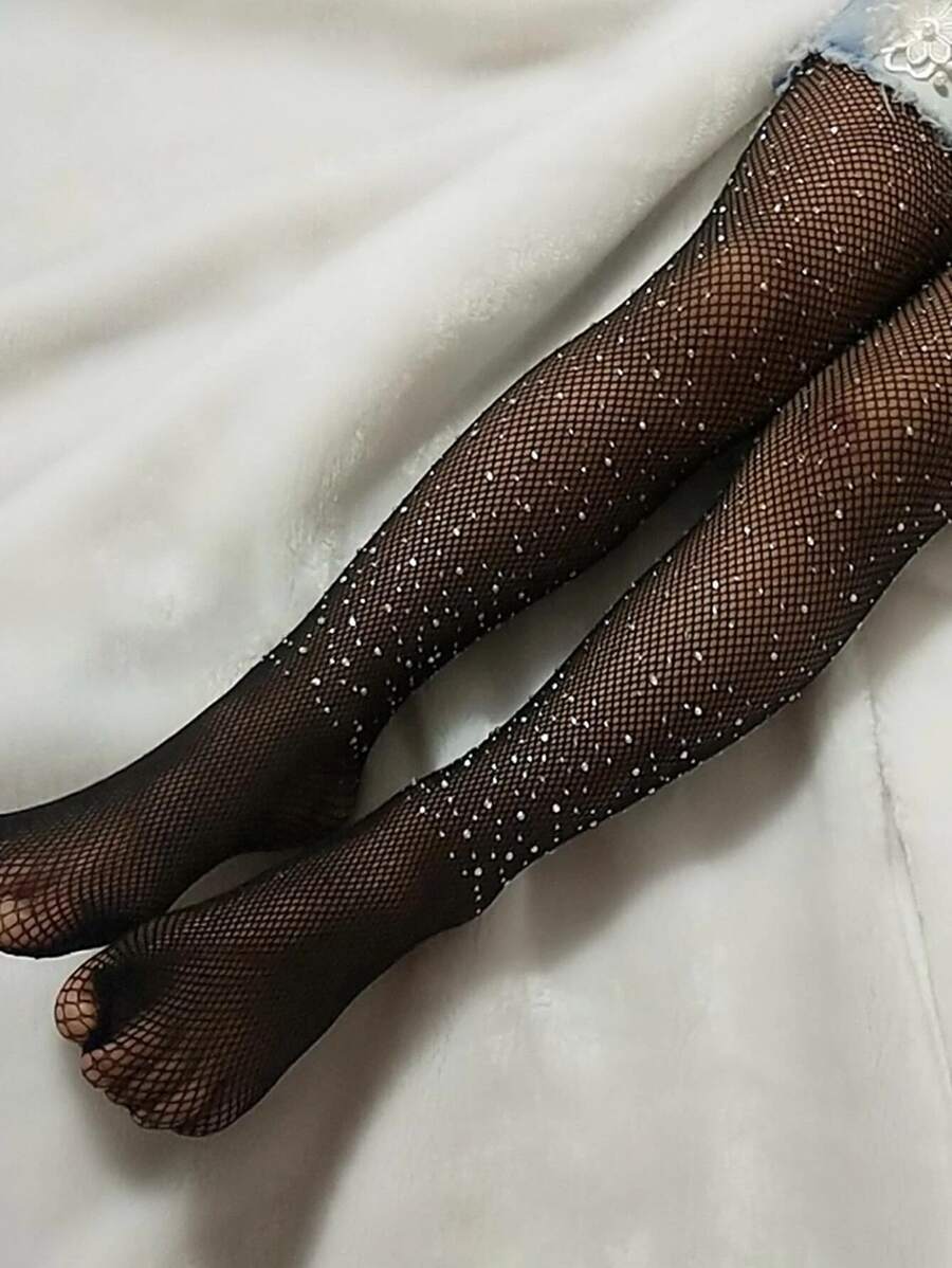 Chicas 1 par Pantimedias de malla con diseño de diamante de imitación - Negro - Ver 1