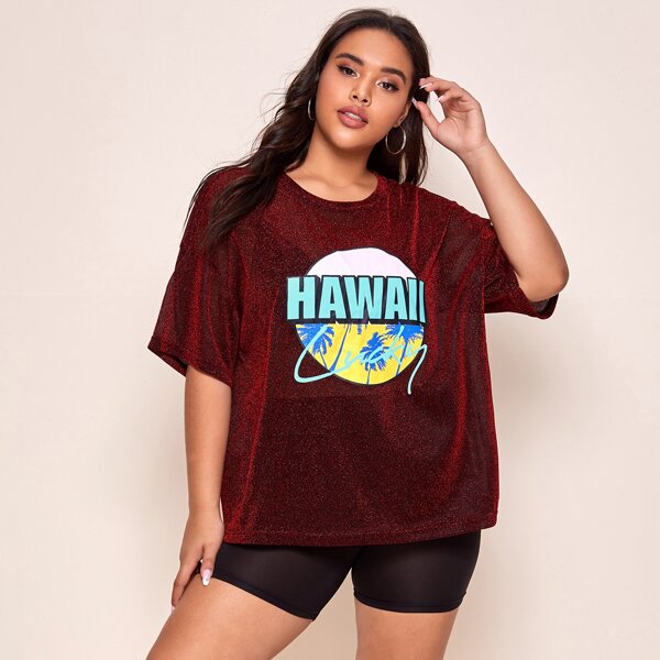 

Plus Letter & Coconut Tree Print Glitter Top, Burgundy