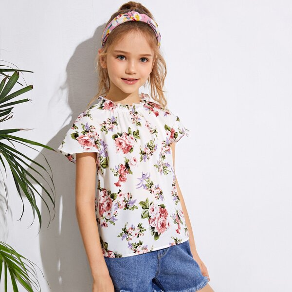

Girls Frill Trim Floral Print Top, Multicolor