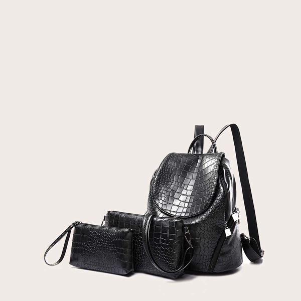 

3pcs Croc Embossed Bag Set, Black