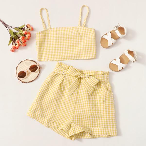 

Girls Gingham Cami Top & Paperbag Waist Belted Shorts Set, Yellow