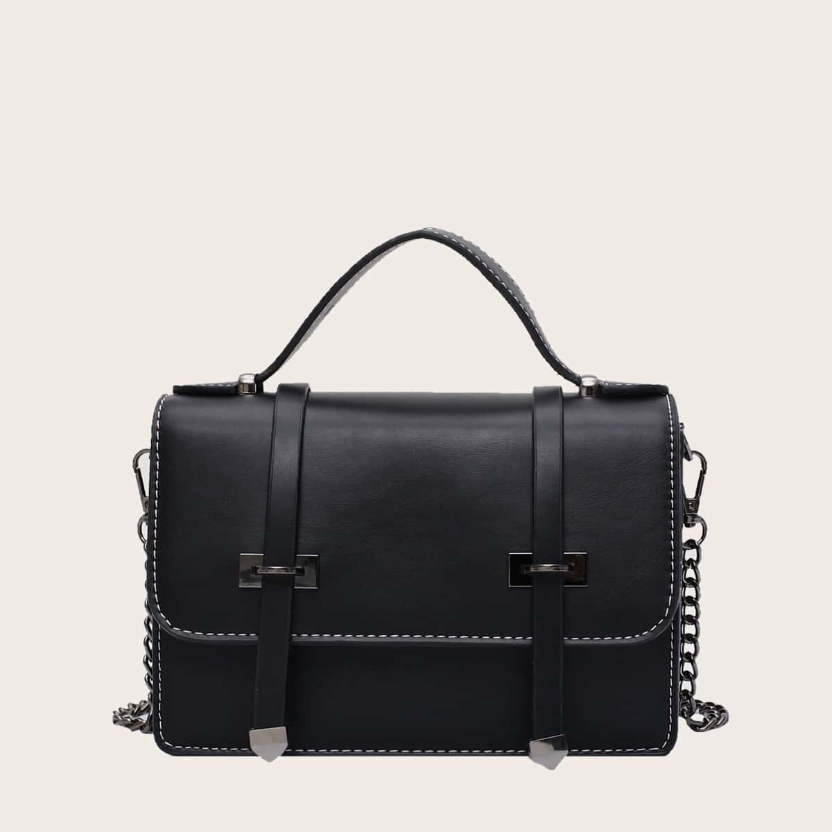 

Double Buckle Flap Satchel Bag, Black