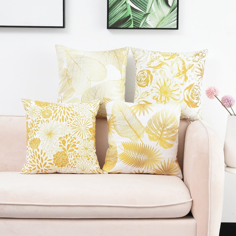 

1pc Flower & Leaf Print Cushion Cover Without Filler, Gold