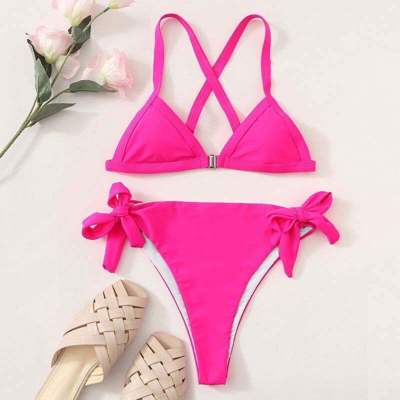 

Crisscross Triangle Tie Side Bikini Swimsuit, Hot pink
