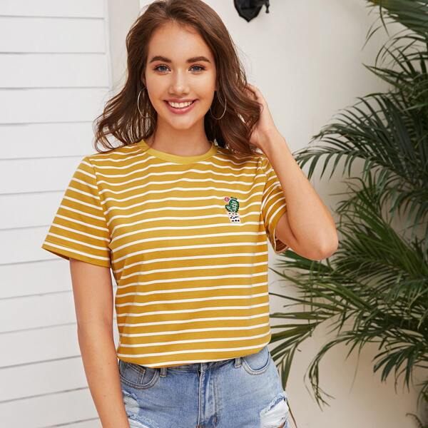 

Cactus Embroidered Striped Tee, Yellow