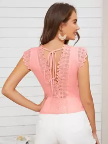 SHEIN Clasi Tie Back Guipure Lace Chi tiết Lên trên - Hồng - Xem 1