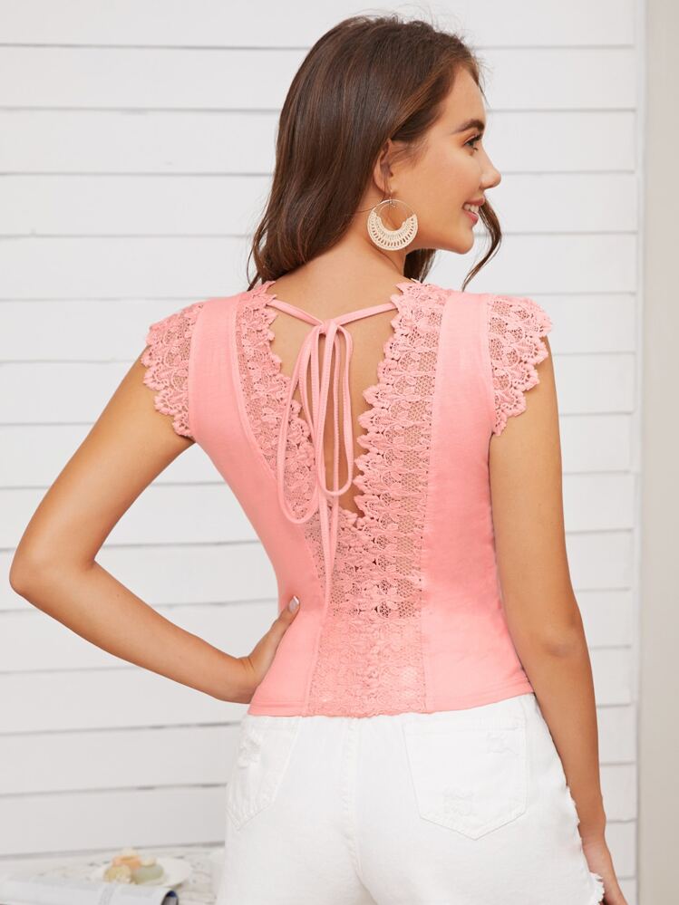 SHEIN Clasi Tie Back Guipure Lace Detail Top - Pink - View 1