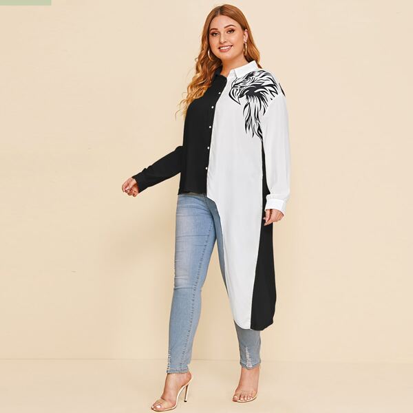 

Plus Eagle Print Colorblock Asymmetrical Hem Blouse, Black and white
