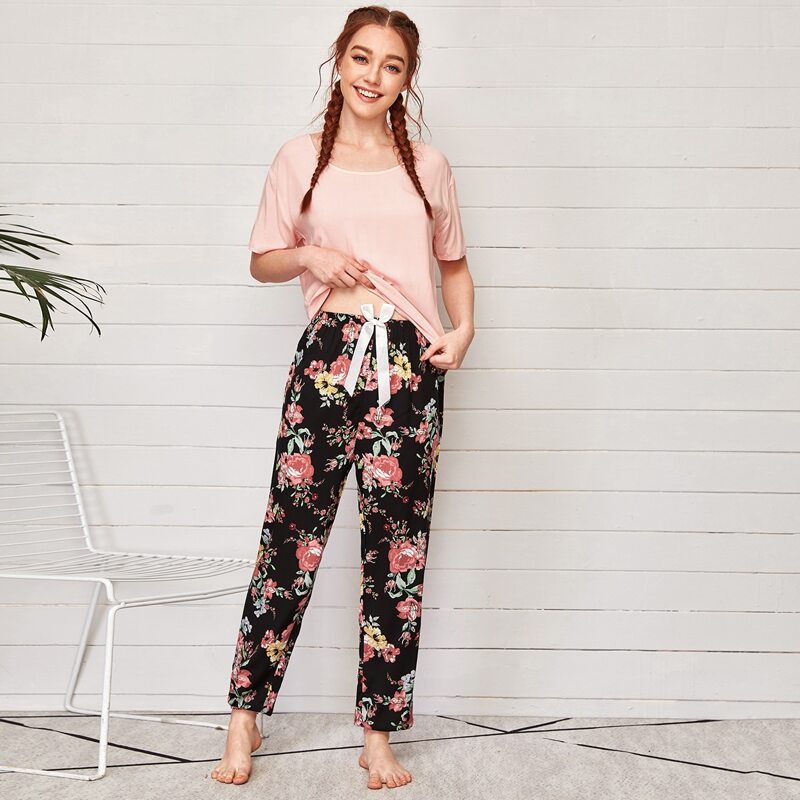 

Tie Front Floral Print PJ Set, Multicolor