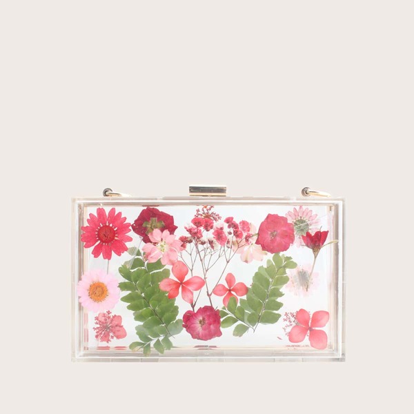 

Clear Floral Pattern Clip Top Acrylic Clutch Bag, Red