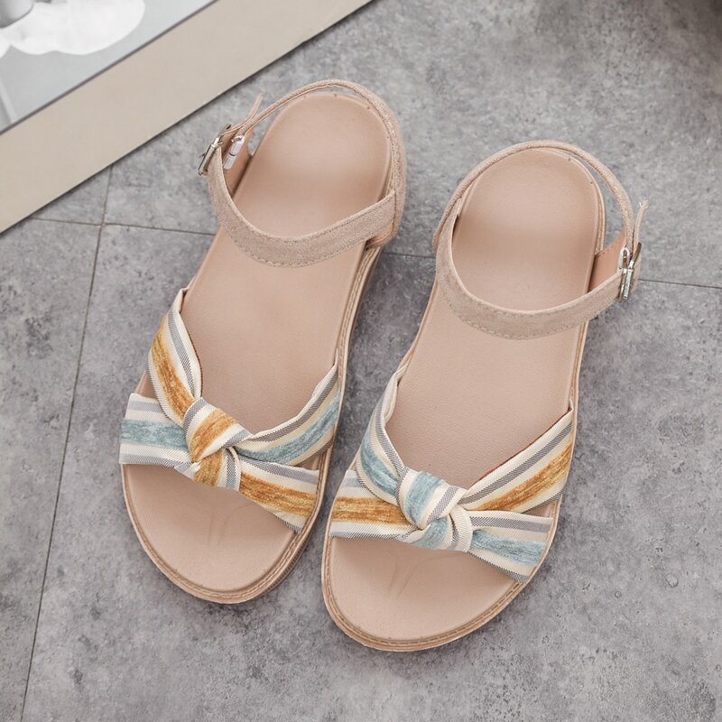 

Striped Knot Front Ankle Strap Sandals, Yellow