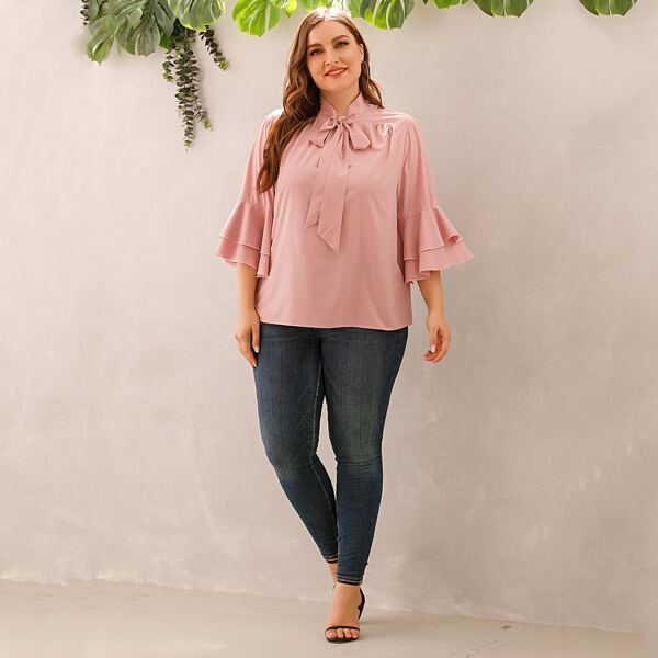 

Plus Tie Neck Flounce Sleeve Top, Dusty pink