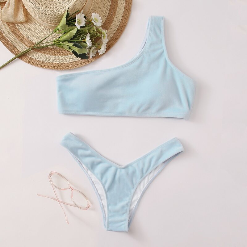 

Velvet One Shoulder Bikini Swimsuit, Baby blue
