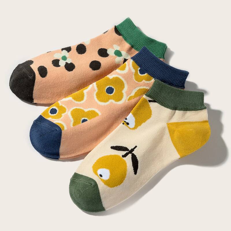 

3pairs Flower Pattern Socks, Multicolor