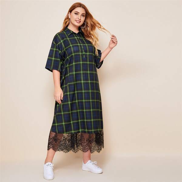 

Plus Drop Shoulder Lace Hem Button Half Placket Dress, Multicolor