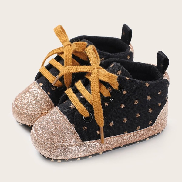 

Baby Girl Glitter Cap Toe Star Pattern Sneakers, Black