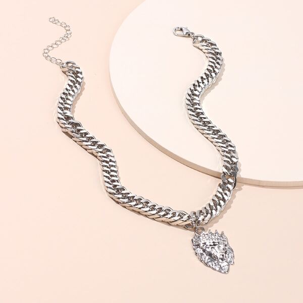 

Lion Head Charm Necklace, Silver