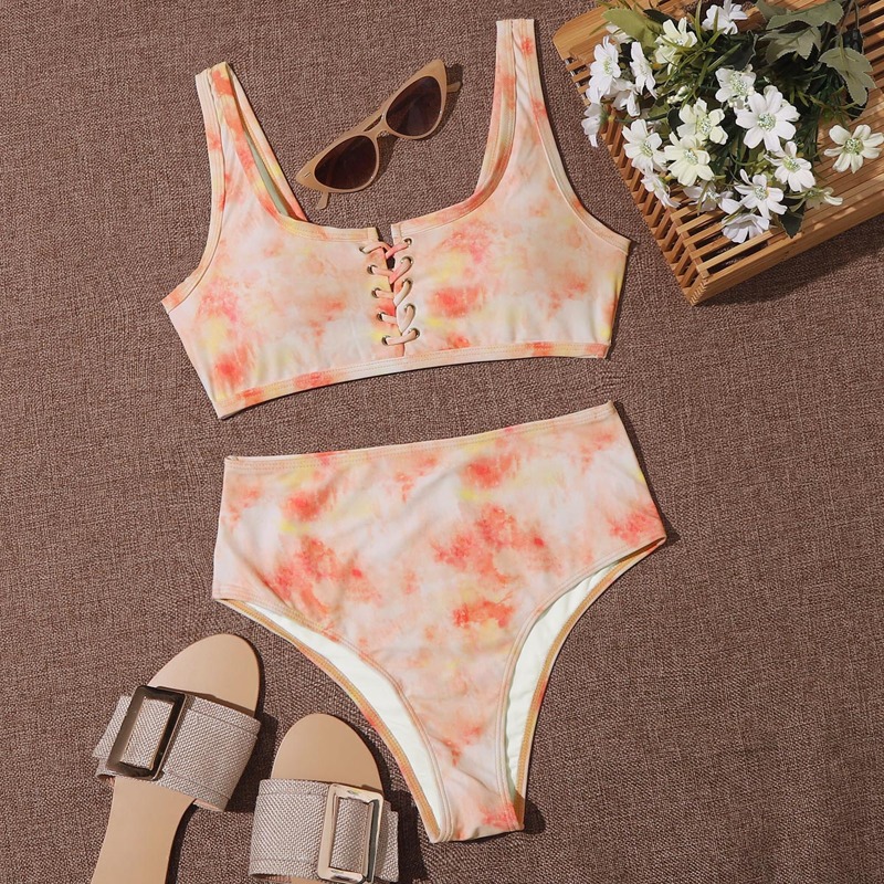 

Tie Dye Lace-up High Waisted Bikini Swimsuit, Multicolor