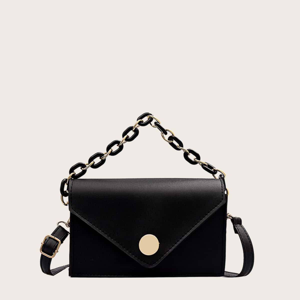 

Chain Flap Satchel Bag, Black