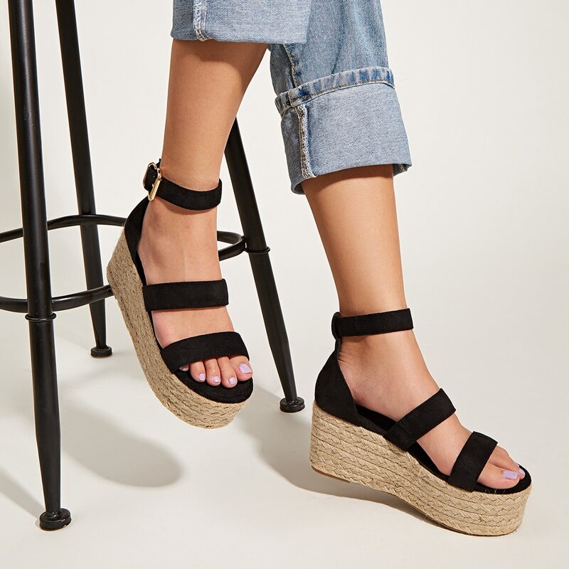 

Double Strap Espadrille Wedges, Black