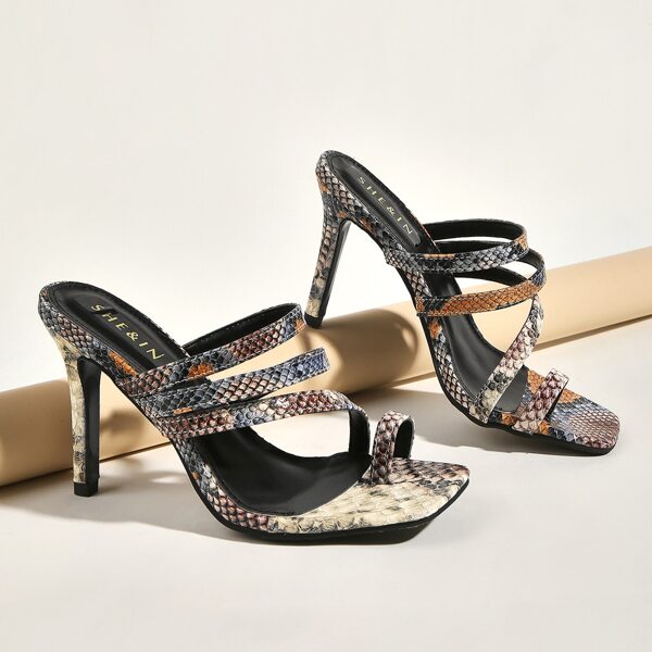 

Snakeskin Pattern Toe Loop Heeled Mules, Black and white