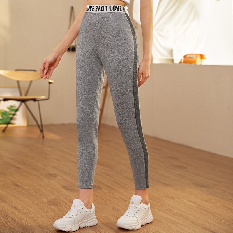 

Letter Tape Waist Contrast Panel Side Leggings, Light grey