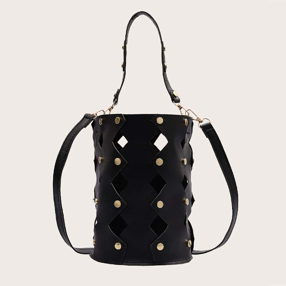 

Studded Cutout Satchel Bag, Black