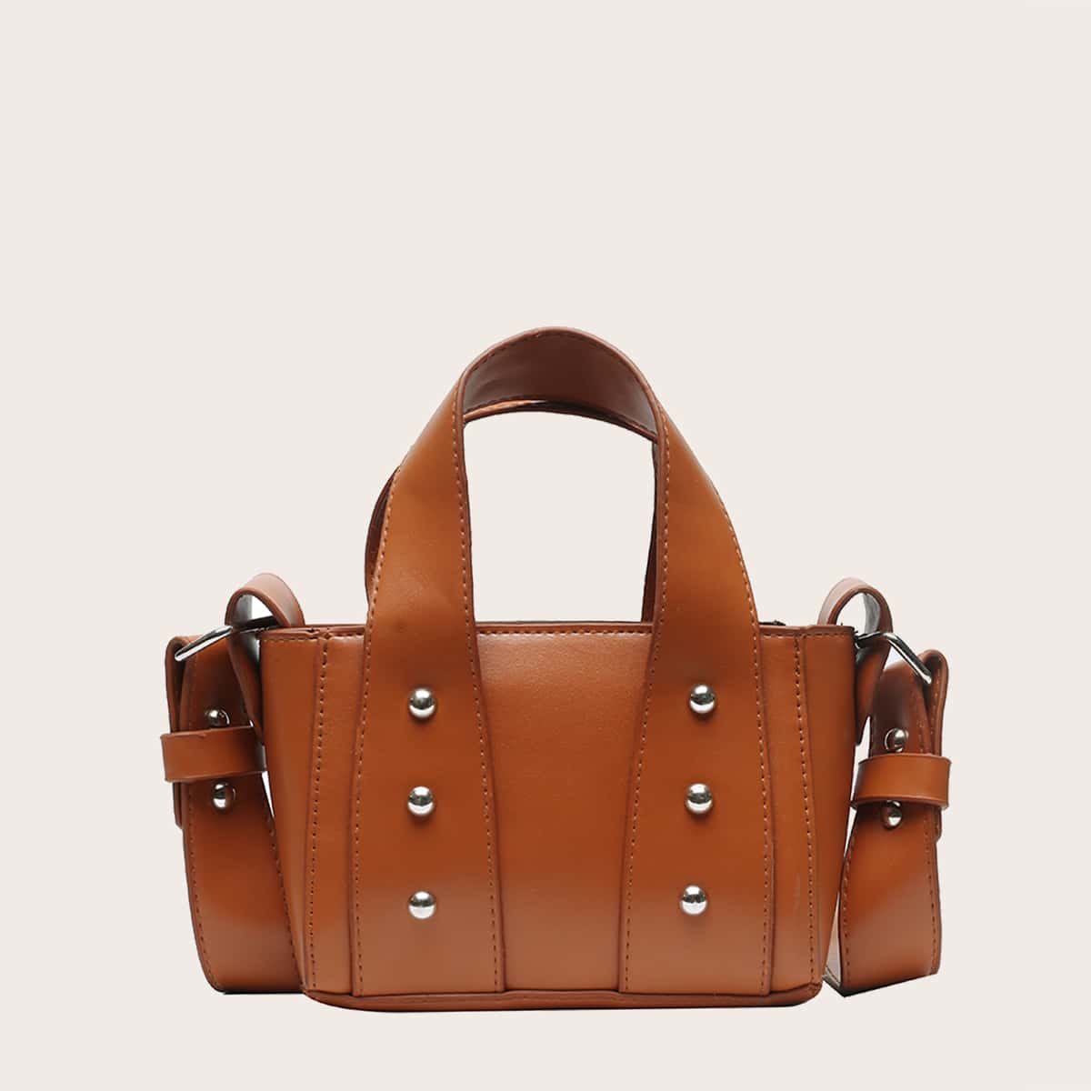 

Solid Studded Satchel Bag, Brown