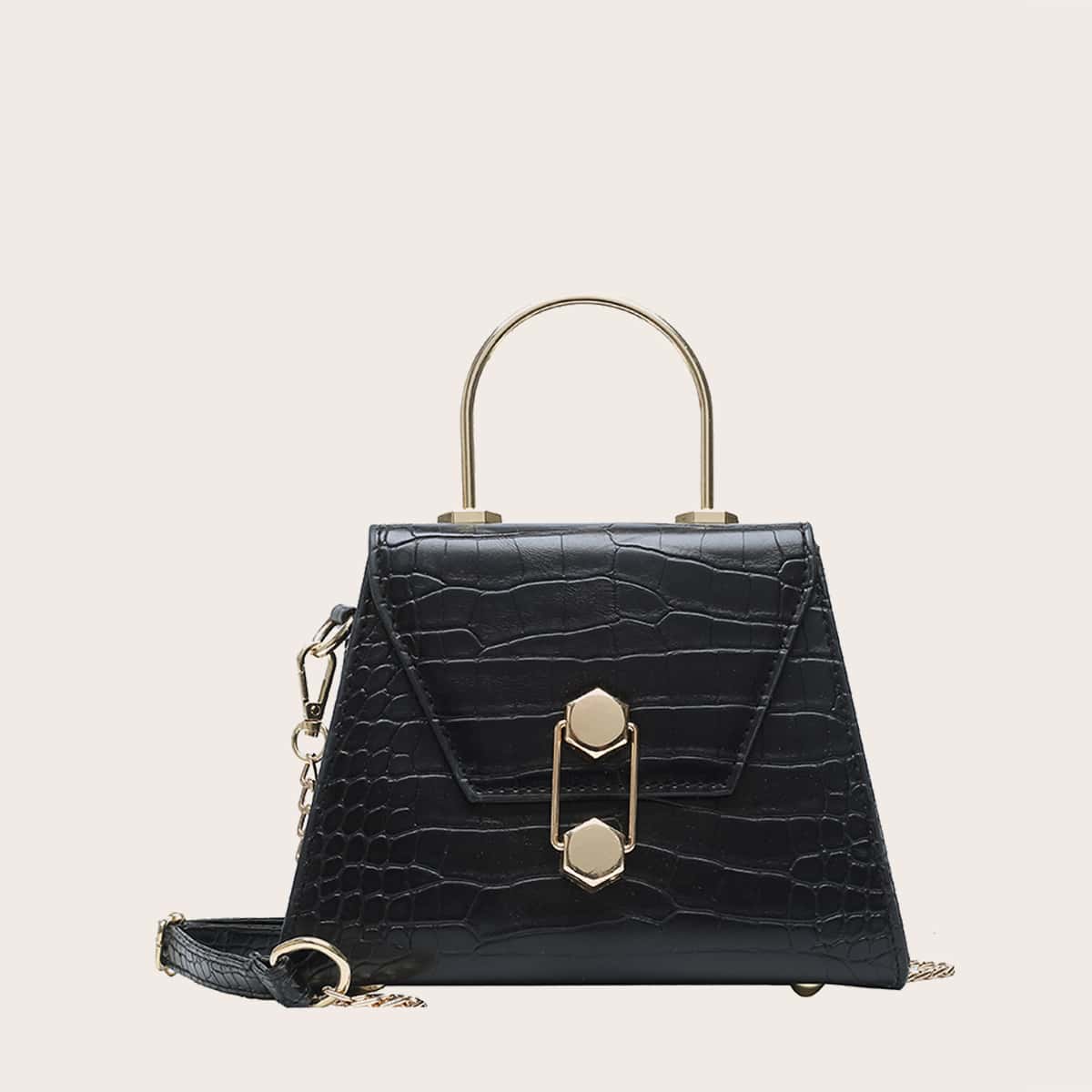

Croc Embossed Chain Satchel Bag, Black