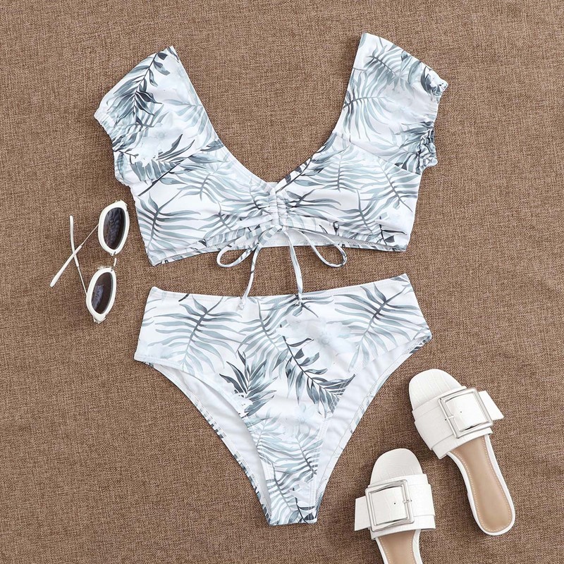 

Palm Print Drawstring Bikini Swimsuit, Multicolor