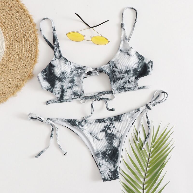 

Tie Dye Rib Cut-out Tie Side Bikini Swimsuit, Multicolor