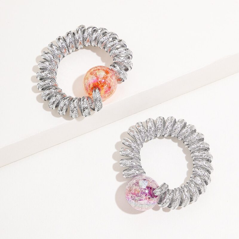 

2pcs Metallic Ball Telephone Line Hair Tie, Silver