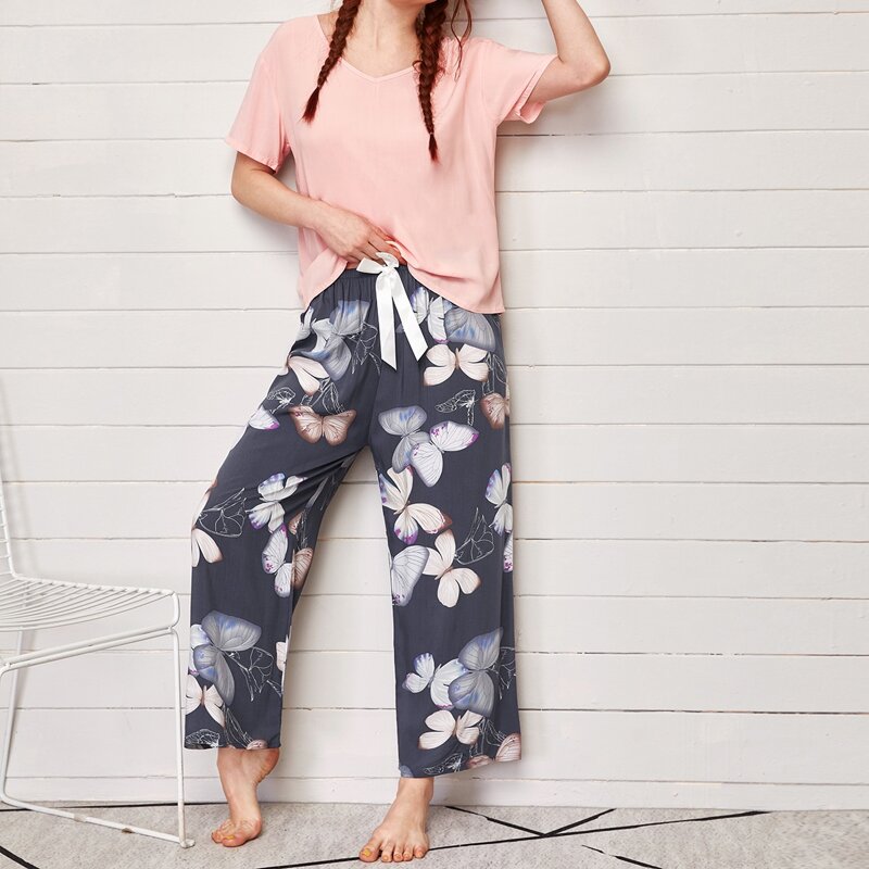 

Solid Tee & Butterfly Print Pants Pajama Set, Multicolor